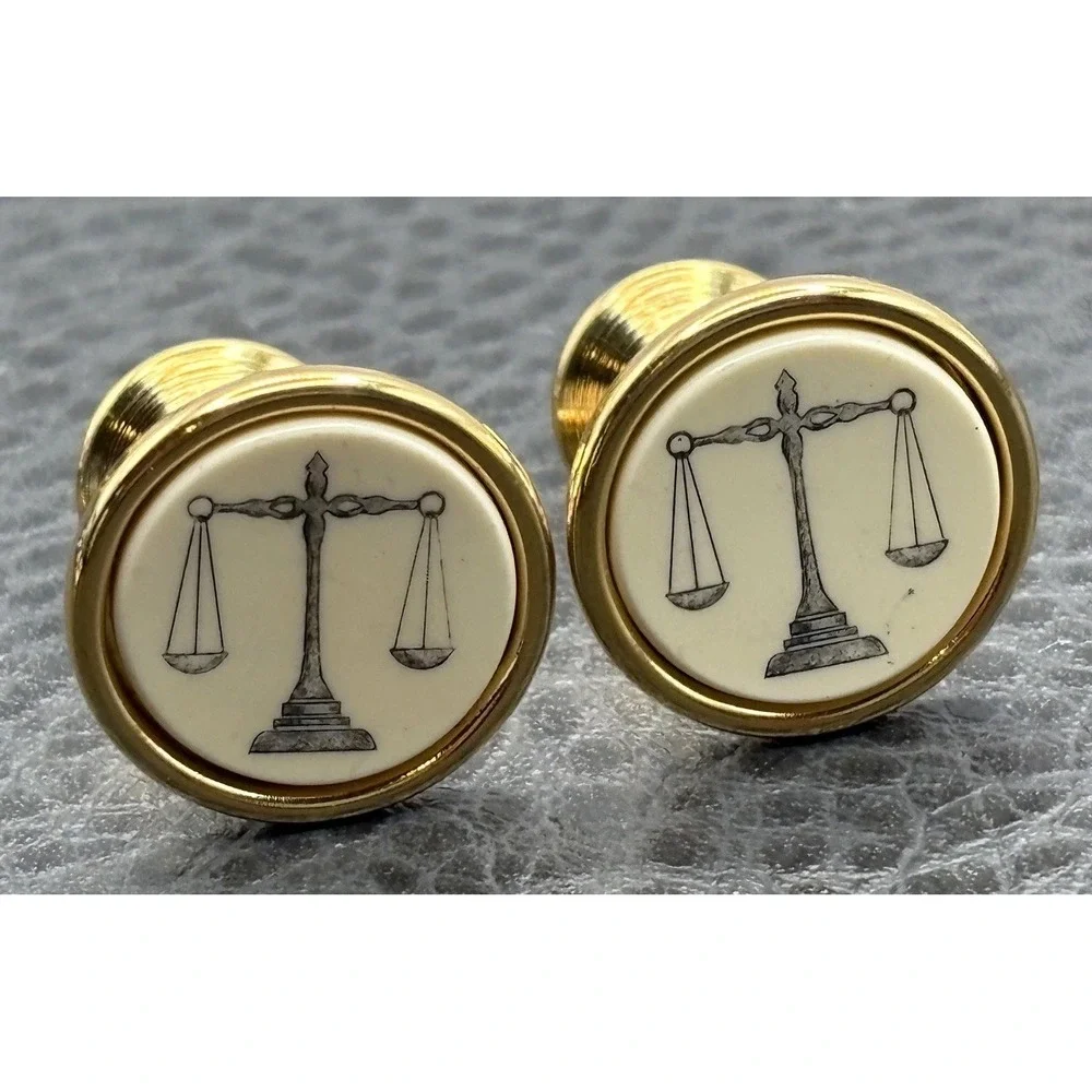 Vintage Barlow Scales of Justice Lawyer Judge Law Enamel Cufflinks Gold Tone